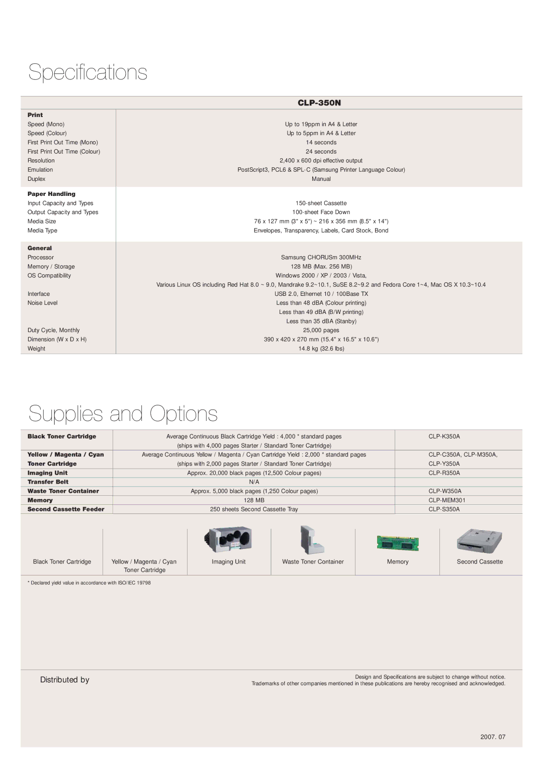 Samsung 350N manual Specifications, Distributed by 