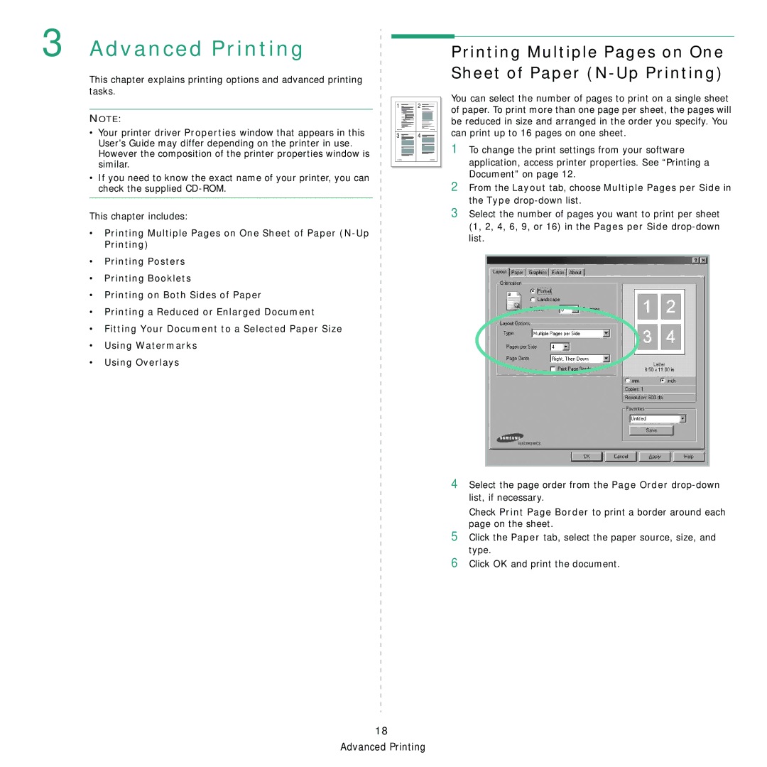 Samsung 3560 manual Advanced Printing, Printing Multiple Pages on One Sheet of Paper N-Up Printing 