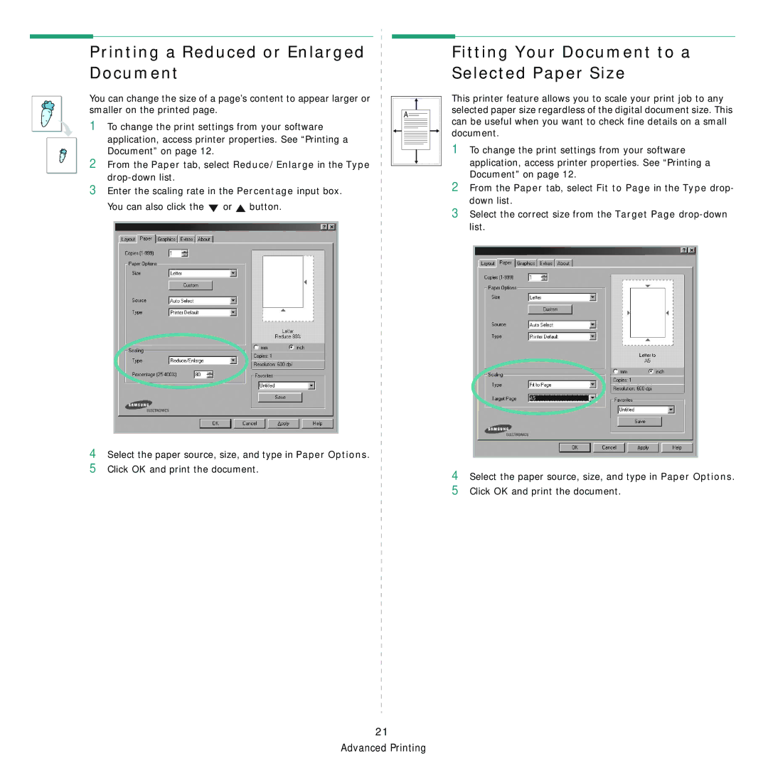 Samsung 3560 manual Printing a Reduced or Enlarged Document, Fitting Your Document to a Selected Paper Size 