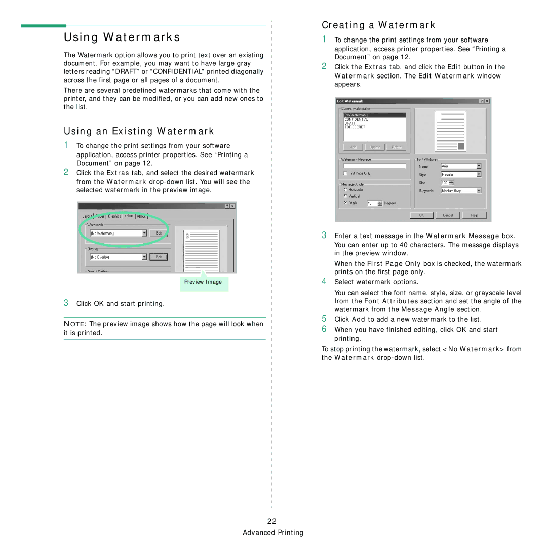 Samsung 3560 manual Using Watermarks, Using an Existing Watermark, Creating a Watermark, Click OK and start printing 