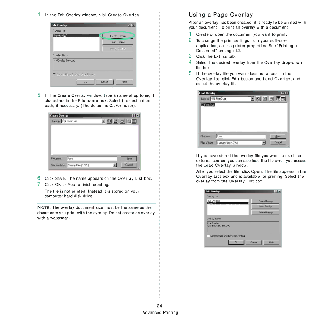 Samsung 3560 manual Using a Page Overlay, Edit Overlay window, click Create Overlay 