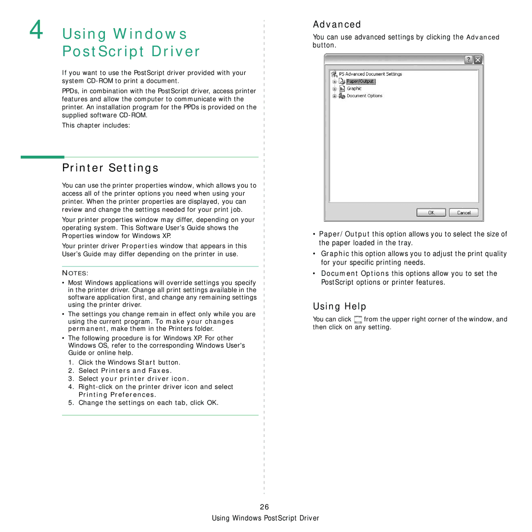 Samsung 3560 manual Using Windows PostScript Driver, Advanced 