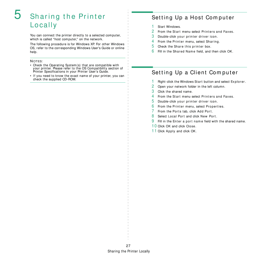 Samsung 3560 manual Sharing the Printer Locally, Setting Up a Host Computer, Setting Up a Client Computer 