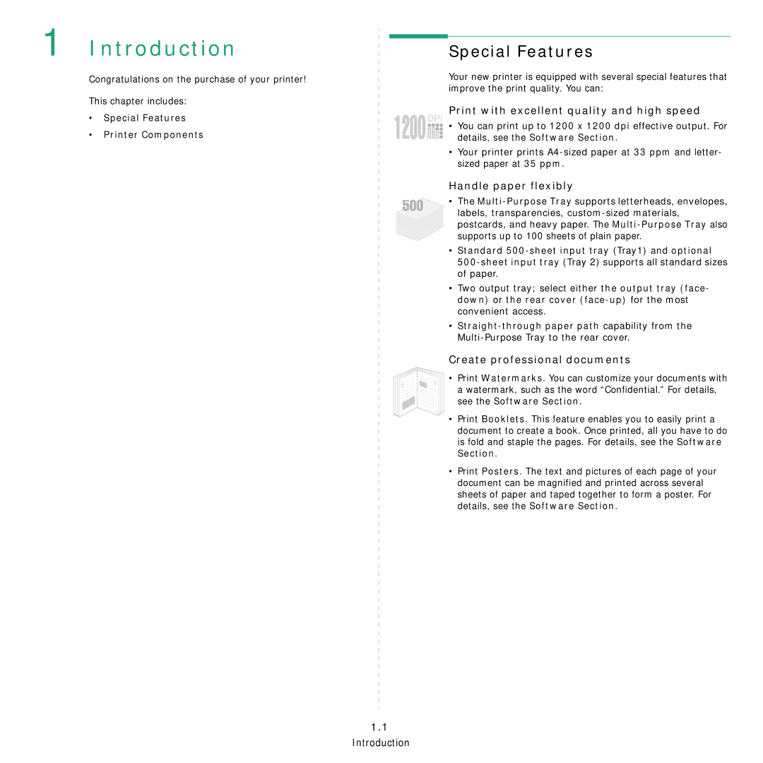 Samsung 3560 manual Introduction, Special Features, Print with excellent quality and high speed, Handle paper flexibly 