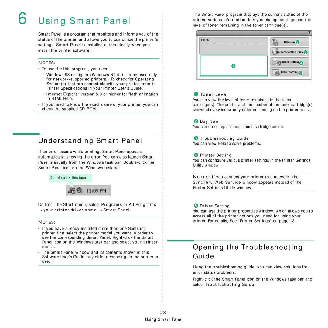 Samsung 3560 manual Using Smart Panel, Understanding Smart Panel, Opening the Troubleshooting Guide, Toner Level 