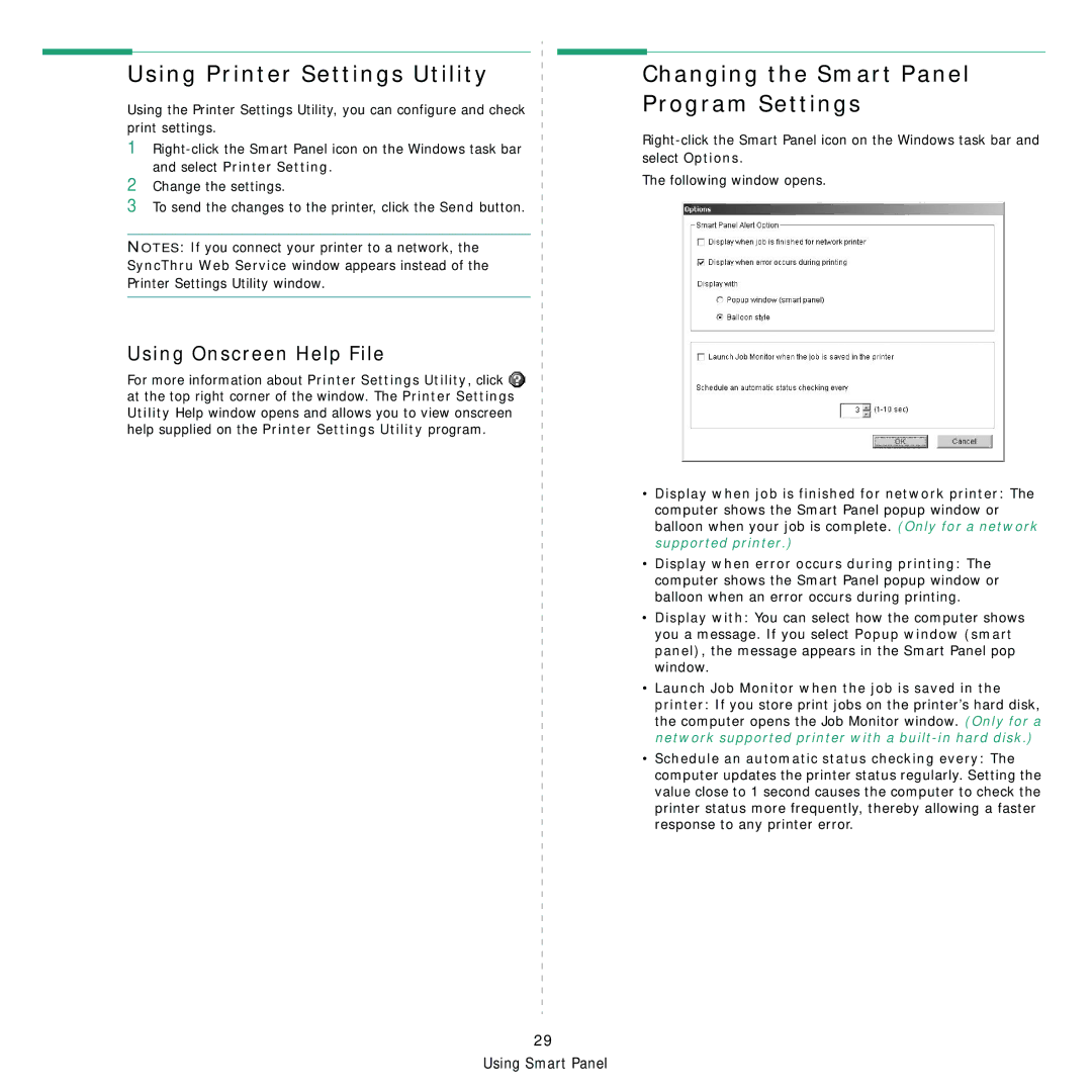 Samsung 3560 manual Using Printer Settings Utility, Changing the Smart Panel Program Settings, Using Onscreen Help File 