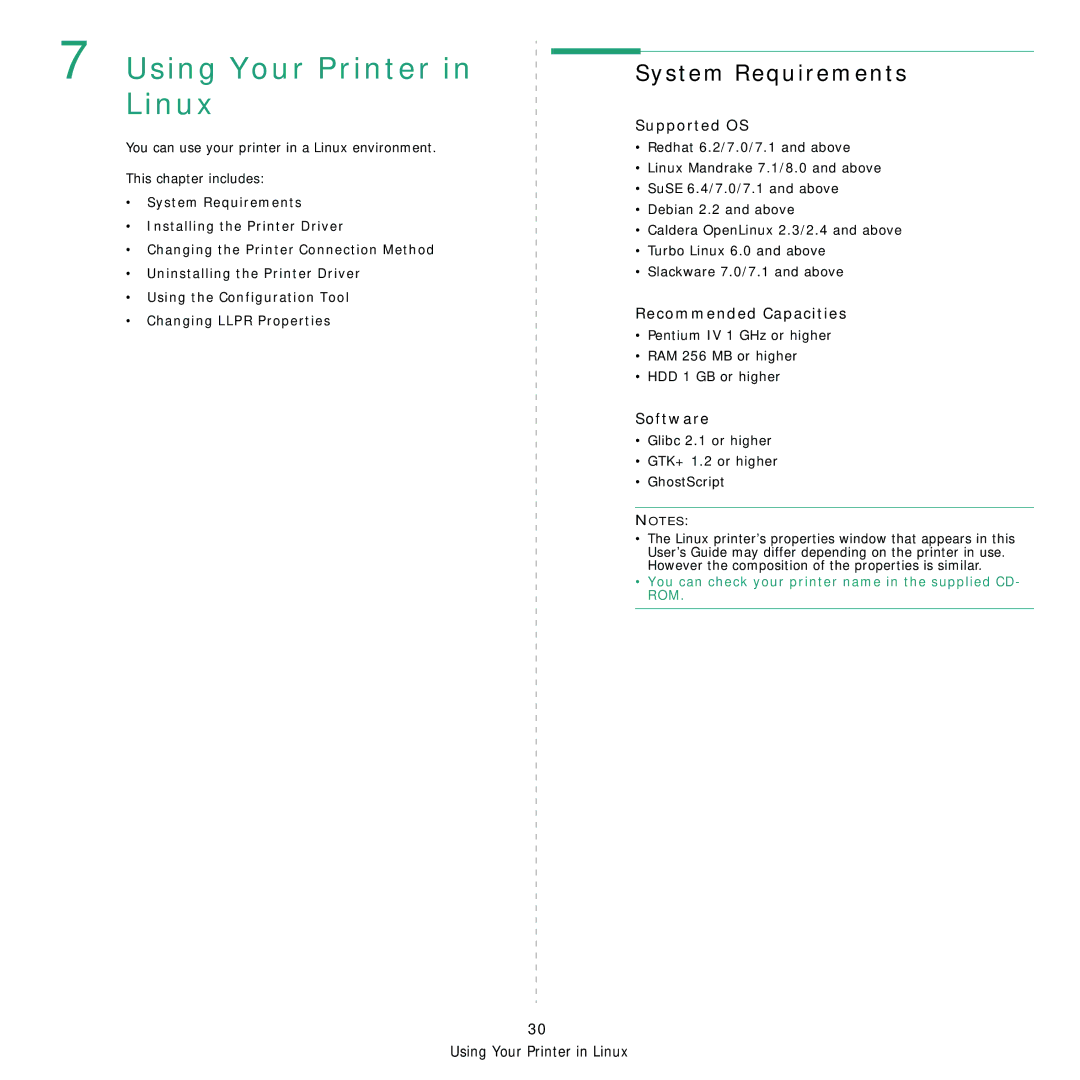 Samsung 3560 manual Using Your Printer in Linux, System Requirements, Supported OS, Recommended Capacities, Software 