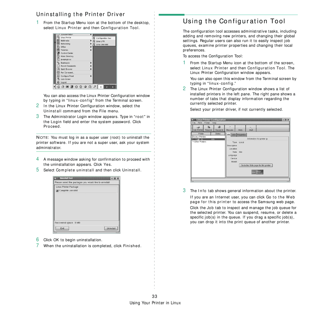 Samsung 3560 manual Using the Configuration Tool, Uninstalling the Printer Driver 