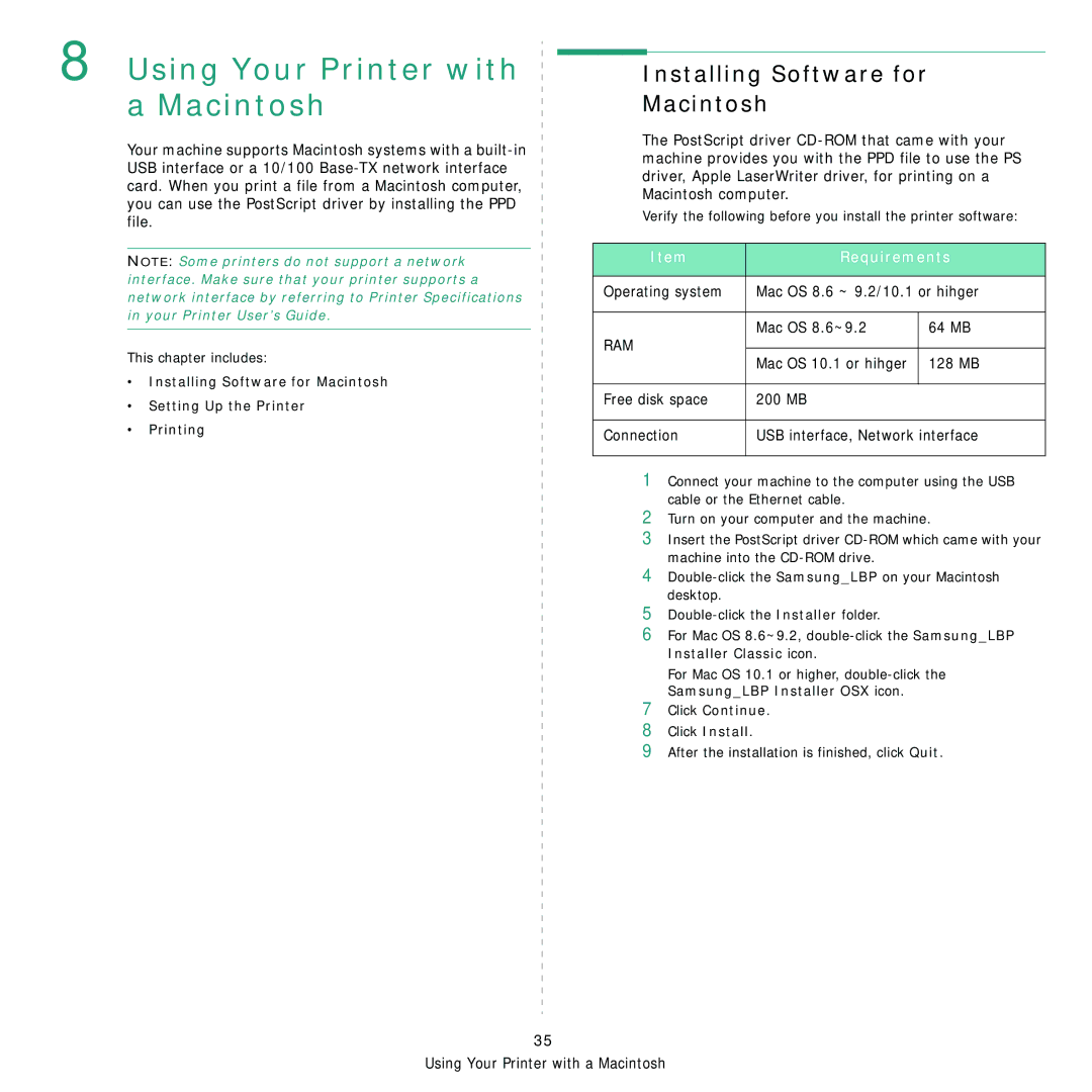 Samsung 3560 Using Your Printer with a Macintosh, Installing Software for Macintosh, Mac OS 10.1 or hihger, Click Continue 