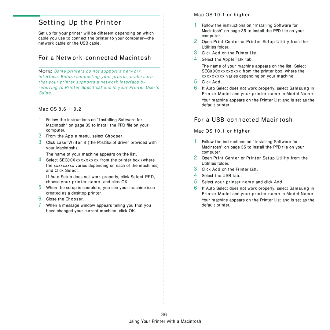Samsung 3560 manual Setting Up the Printer, For a Network-connected Macintosh, For a USB-connected Macintosh, Mac OS 8.6 ~ 