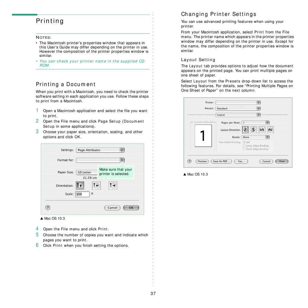 Samsung 3560 manual Printing a Document, Changing Printer Settings, Layout Setting 