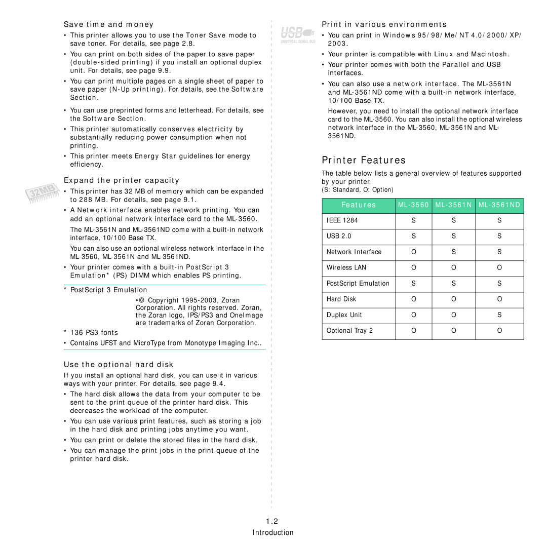 Samsung 3560 manual Printer Features 