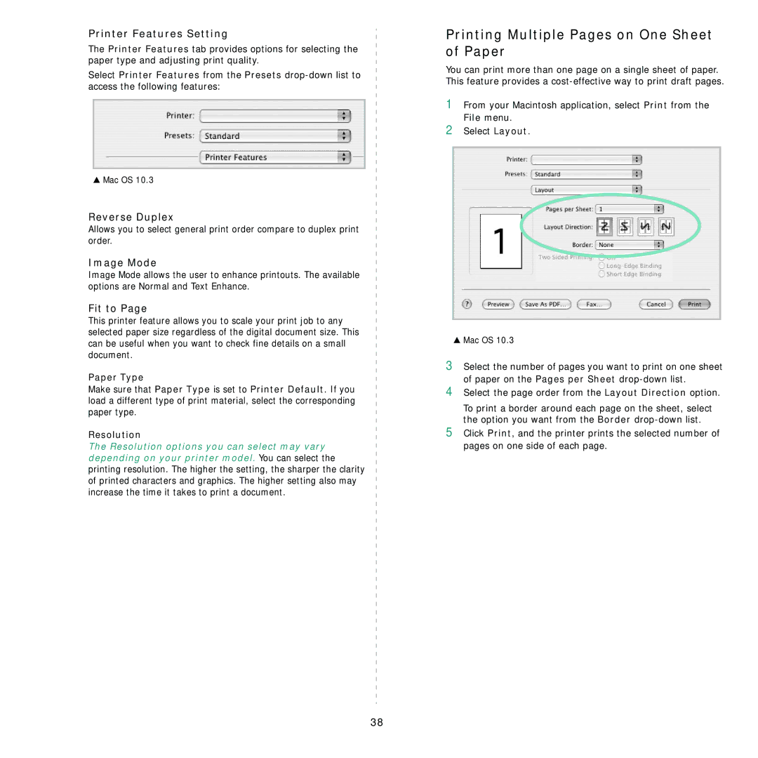 Samsung 3560 Printing Multiple Pages on One Sheet of Paper, Printer Features Setting, Reverse Duplex, Fit to, Paper Type 