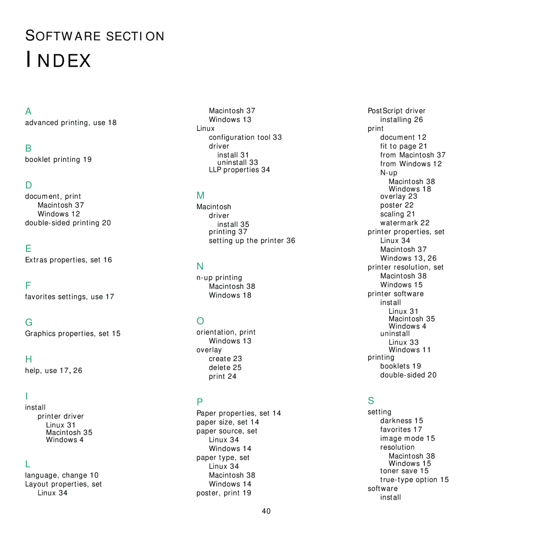 Samsung 3560 manual Language, change 10 Layout properties, set, Windows 15 toner save 15 true-type option 