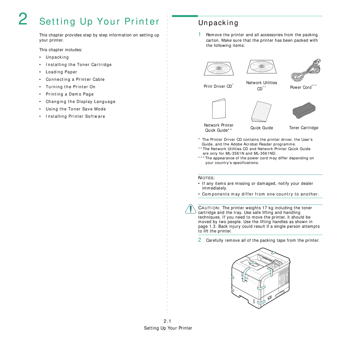 Samsung 3560 manual Setting Up Your Printer, Unpacking, Quick Guide, Components may differ from one country to another 