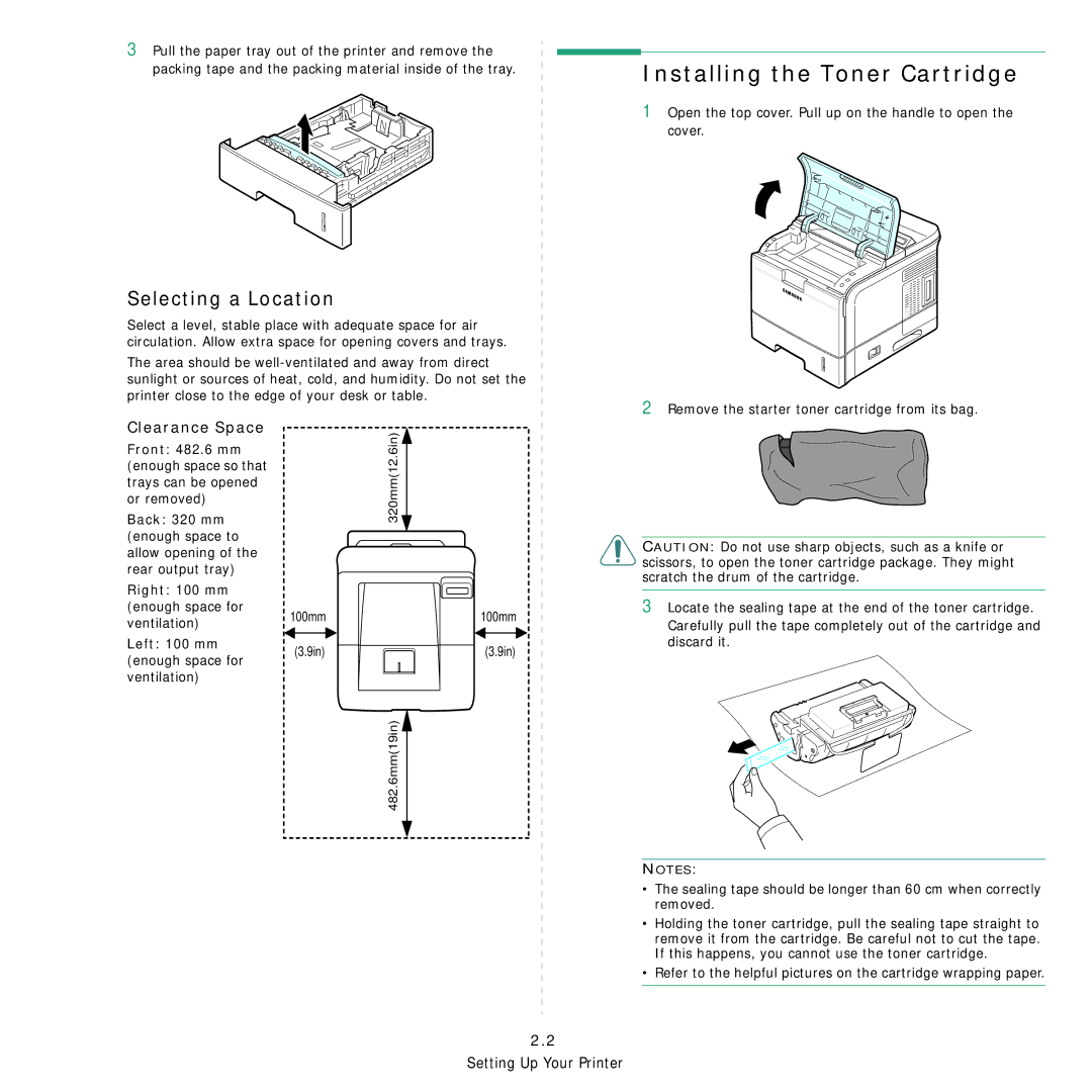 Samsung 3560 manual Installing the Toner Cartridge, Selecting a Location, Clearance Space 