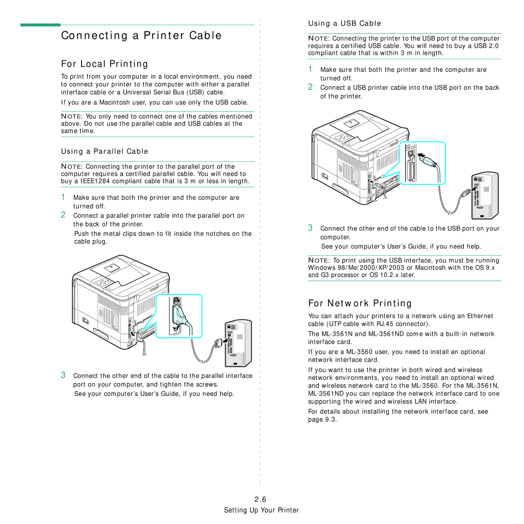 Samsung 3560 manual Connecting a Printer Cable, For Local Printing, For Network Printing, Using a Parallel Cable 