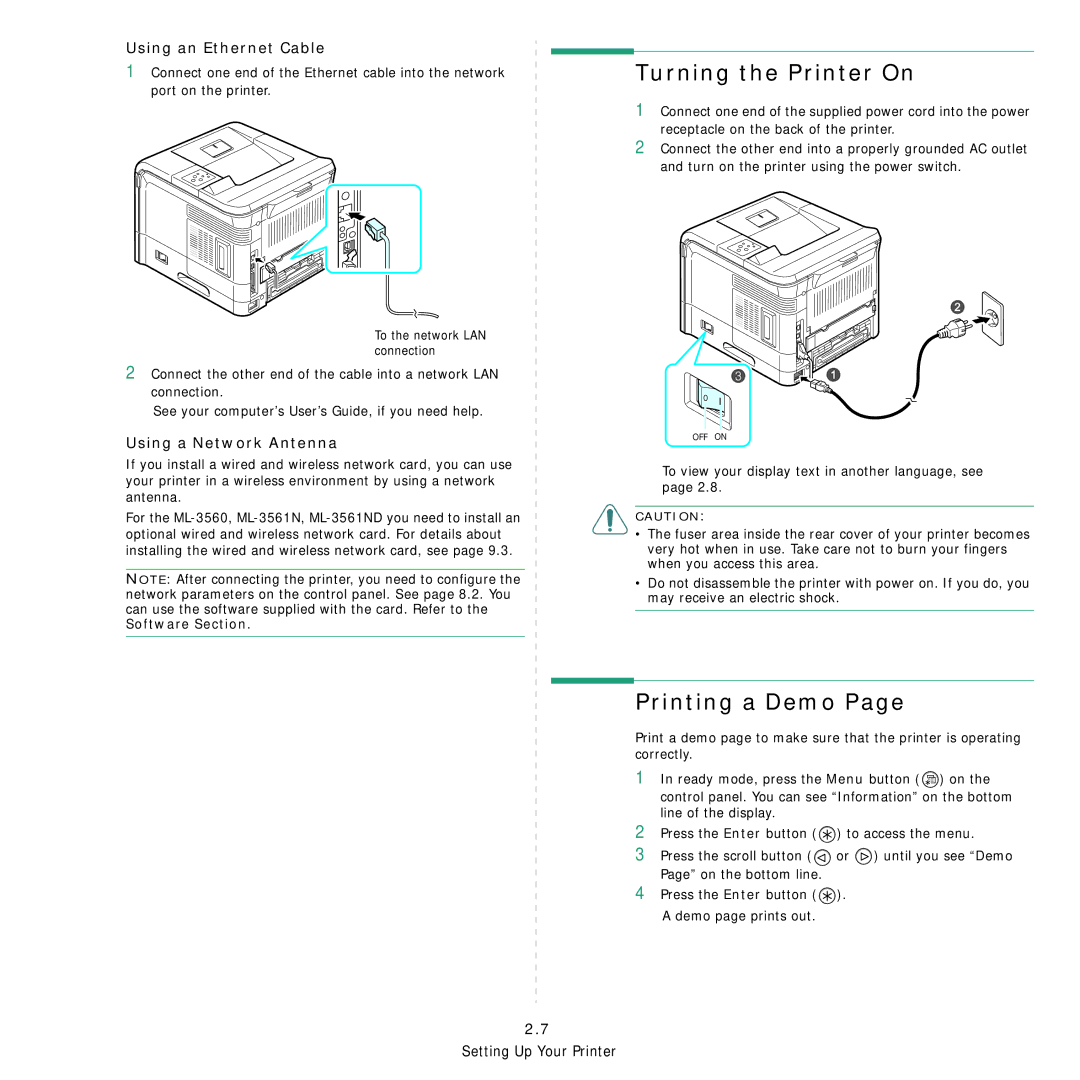 Samsung 3560 manual Turning the Printer On, Printing a Demo, Using an Ethernet Cable, Using a Network Antenna 