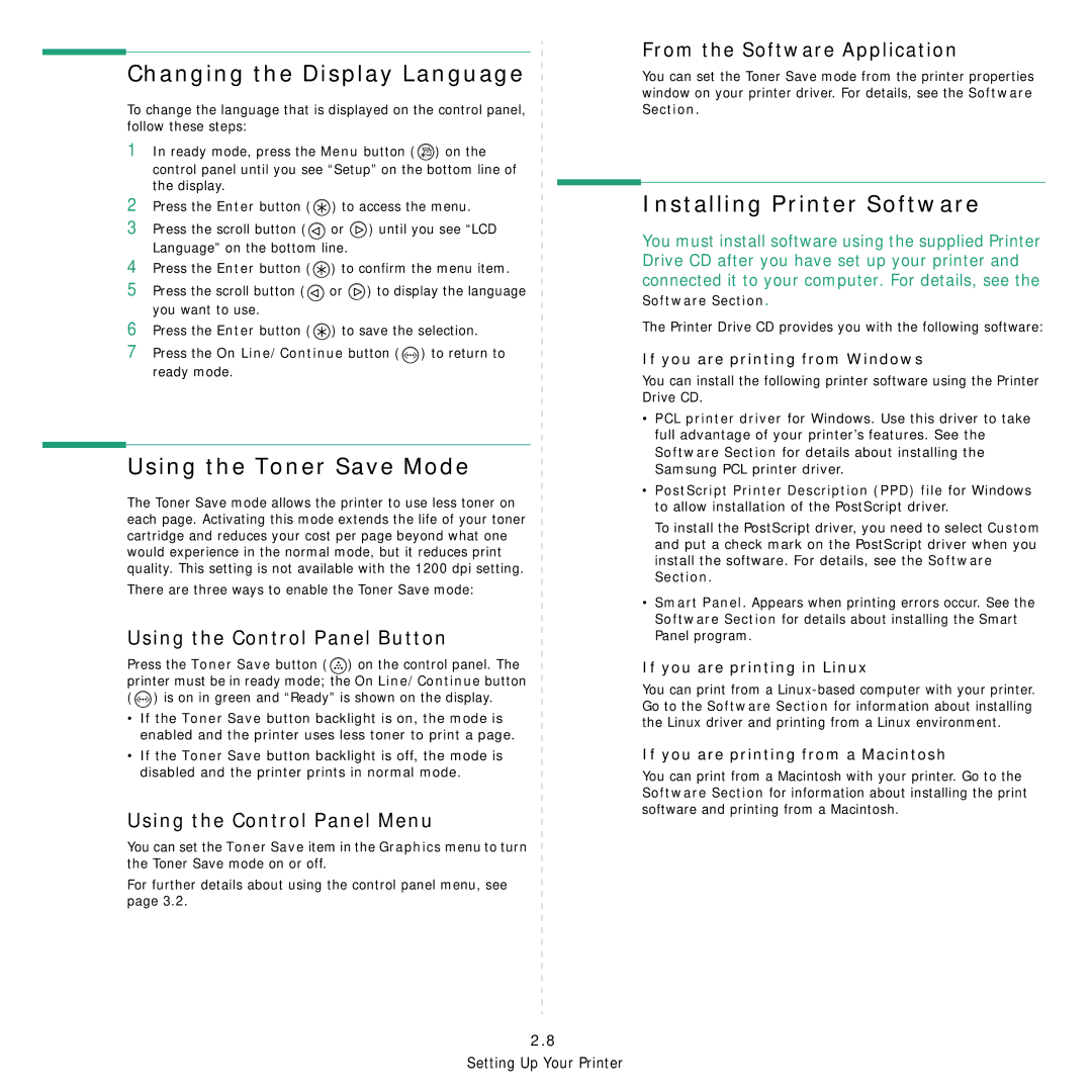 Samsung 3560 manual Changing the Display Language, Using the Toner Save Mode, Installing Printer Software 