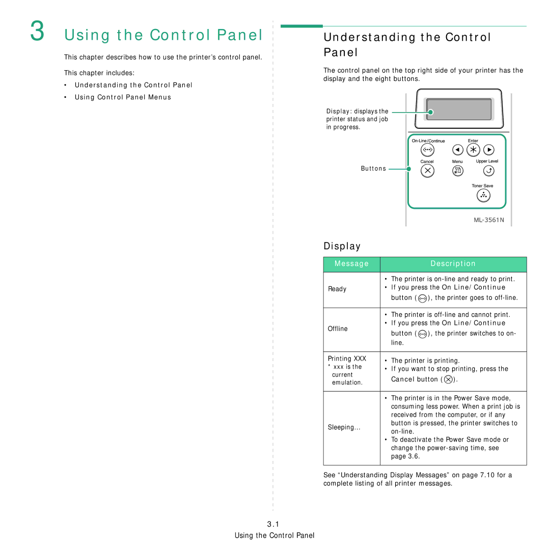 Samsung 3560 manual Using the Control Panel, Understanding the Control Panel, Display, Message Description 