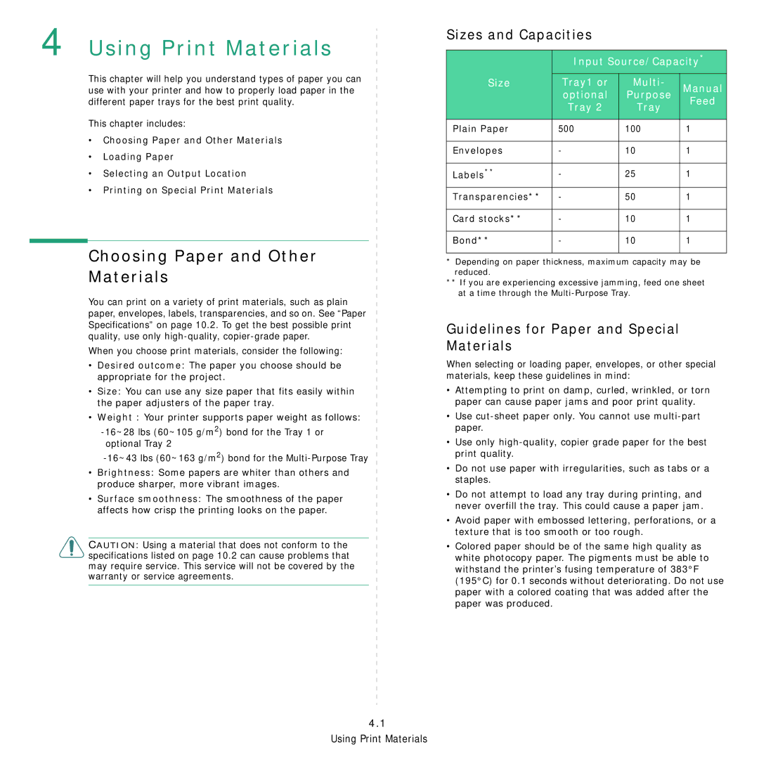 Samsung 3560 manual Using Print Materials, Choosing Paper and Other Materials, Sizes and Capacities 