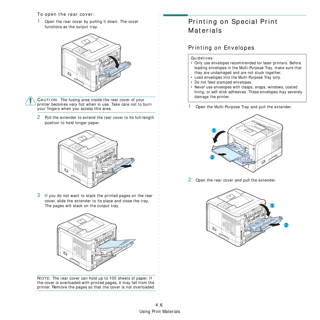 Samsung 3560 manual Printing on Special Print Materials, Printing on Envelopes, To open the rear cover, Guidelines 