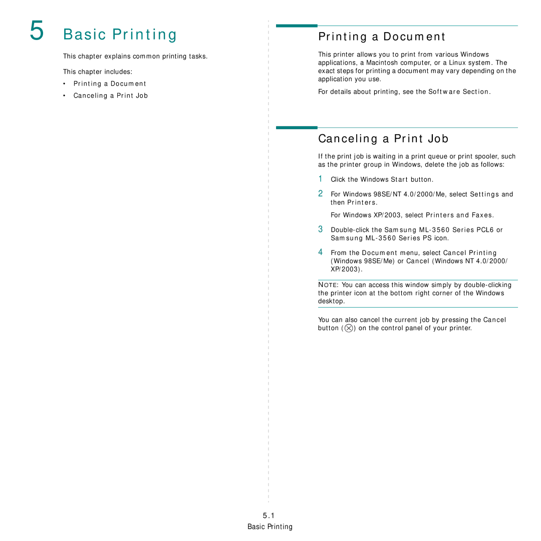 Samsung 3560 manual Basic Printing, Printing a Document Canceling a Print Job 