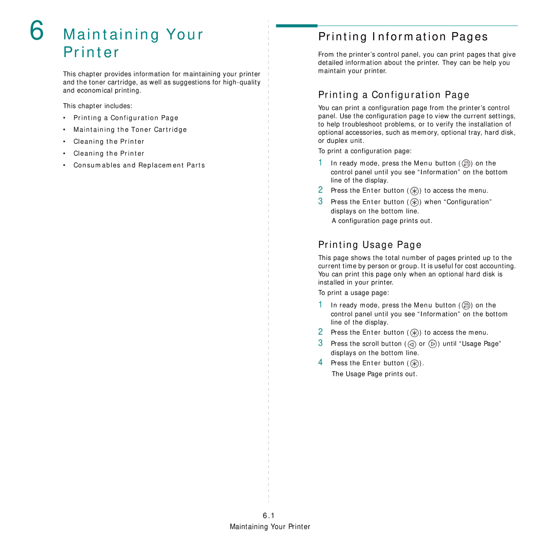 Samsung 3560 manual Maintaining Your Printer, Printing Information Pages, Printing a Configuration, Printing Usage 