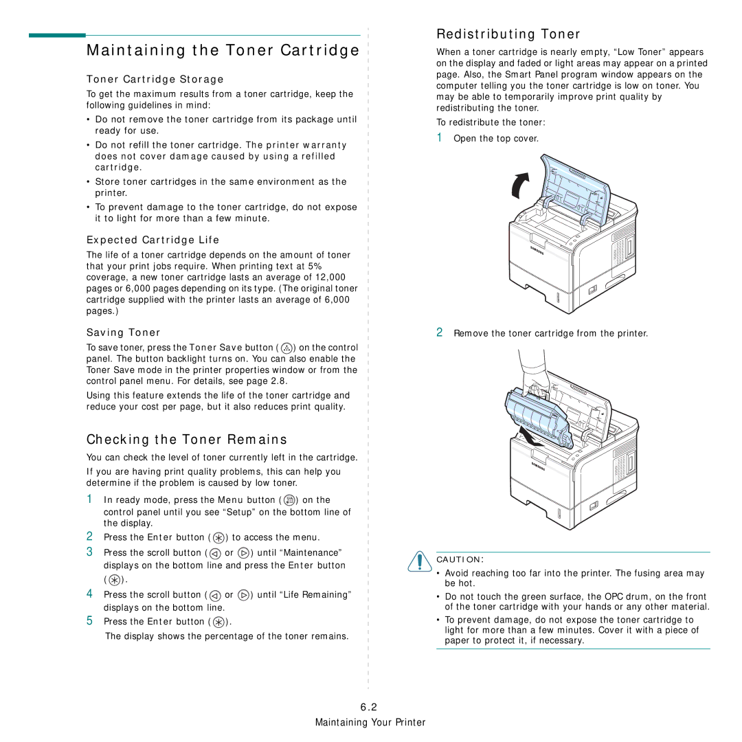 Samsung 3560 manual Maintaining the Toner Cartridge, Checking the Toner Remains, Redistributing Toner 