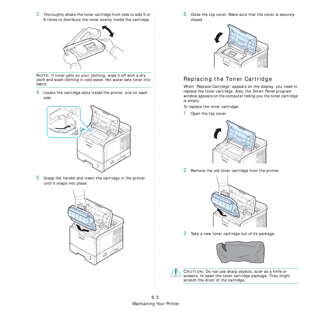 Samsung 3560 manual Replacing the Toner Cartridge 