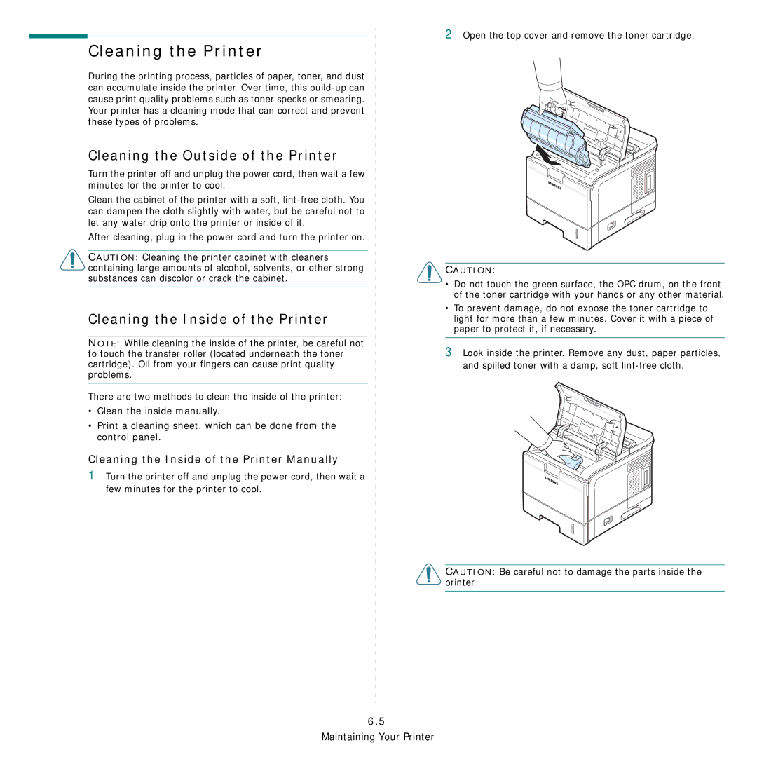 Samsung 3560 manual Cleaning the Printer, Cleaning the Outside of the Printer, Cleaning the Inside of the Printer 