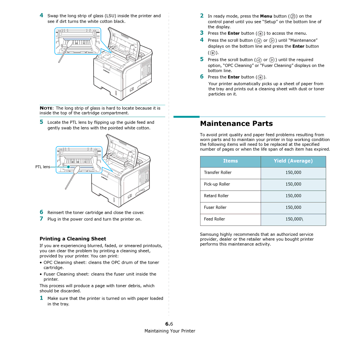 Samsung 3560 manual Maintenance Parts, Printing a Cleaning Sheet, Items Yield Average 