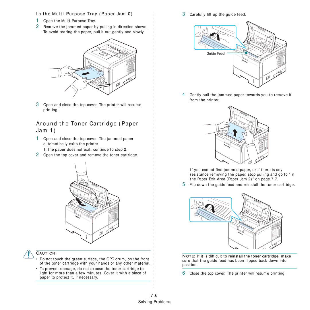 Samsung 3560 manual Around the Toner Cartridge Paper Jam, Multi-Purpose Tray Paper Jam, Open the Multi-Purpose Tray 