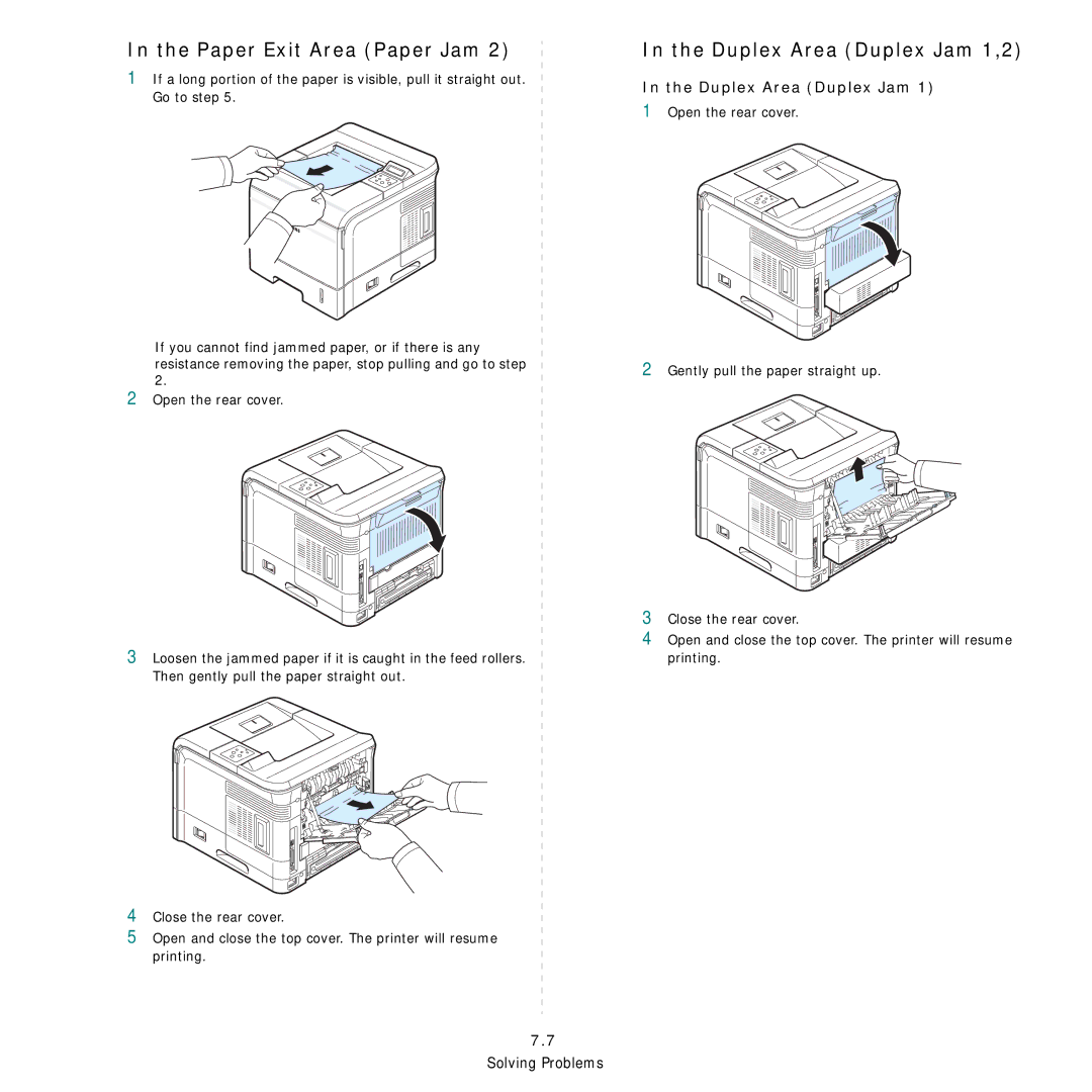 Samsung 3560 manual Paper Exit Area Paper Jam, Duplex Area Duplex Jam 1,2 