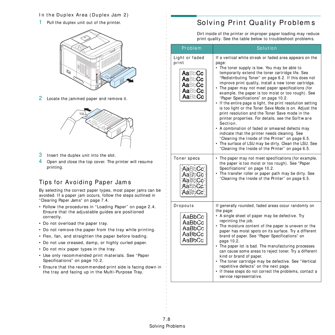 Samsung 3560 manual Solving Print Quality Problems, Tips for Avoiding Paper Jams, Problem Solution 