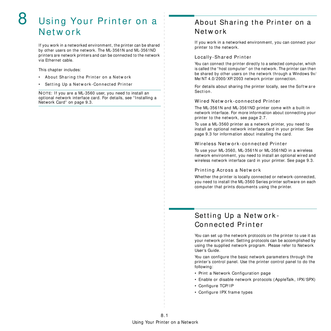 Samsung 3560 manual Using Your Printer on a Network, About Sharing the Printer on a Network 