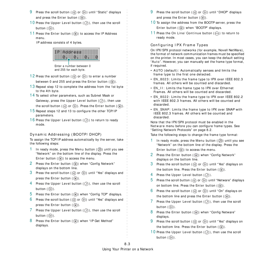 Samsung 3560 manual Dynamic Addressing BOOTP/DHCP, Configuring IPX Frame Types 