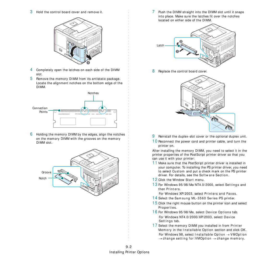 Samsung manual 14Select the Samsung ML-3560 Series PS printer, Properties, → change setting forVMOption → change memory 