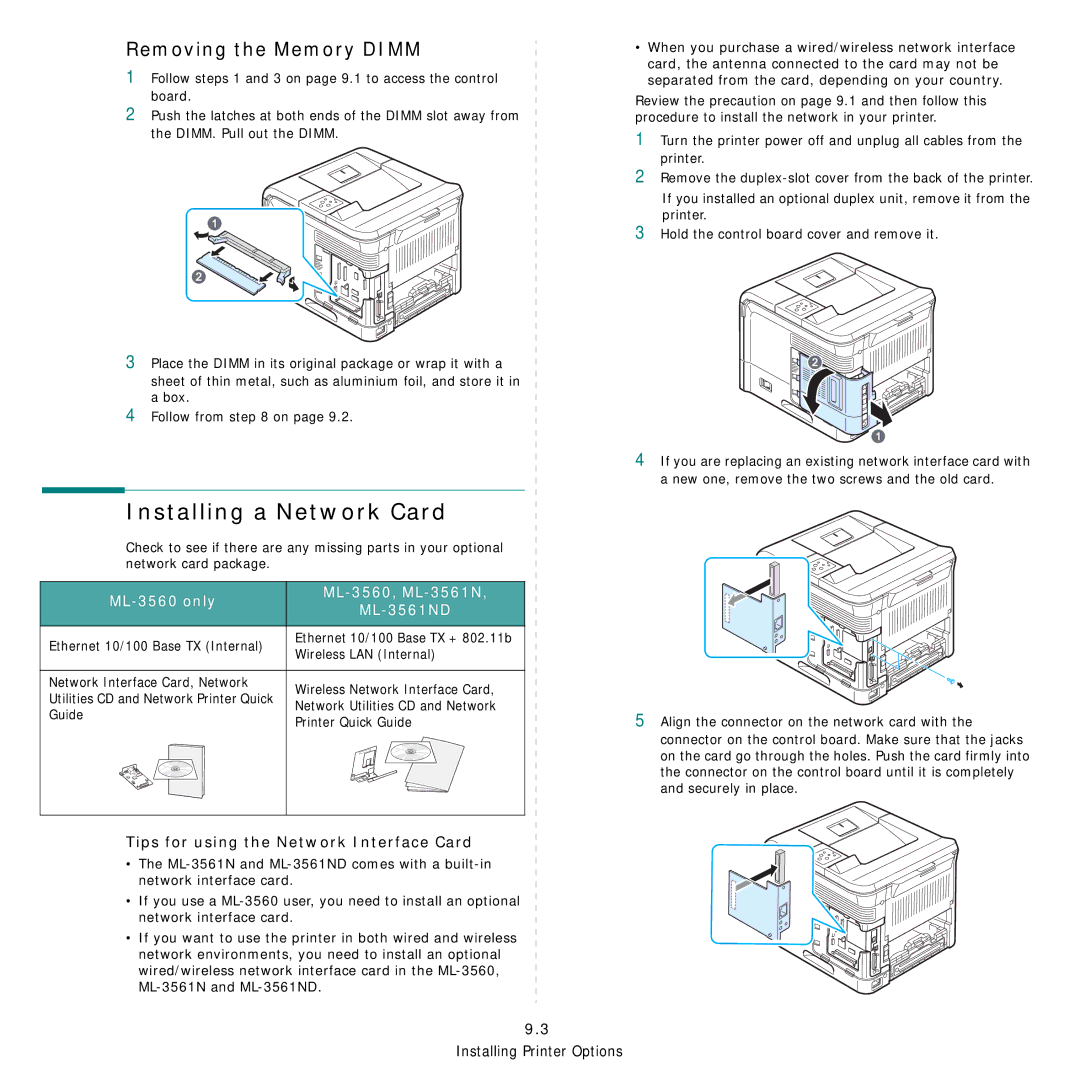 Samsung manual Installing a Network Card, Removing the Memory Dimm, ML-3560 only ML-3560, ML-3561N ML-3561ND 