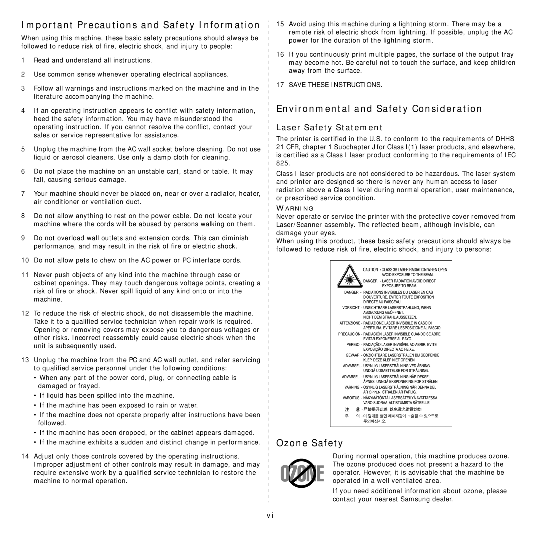 Samsung 3560 manual Important Precautions and Safety Information, Environmental and Safety Consideration, Ozone Safety 