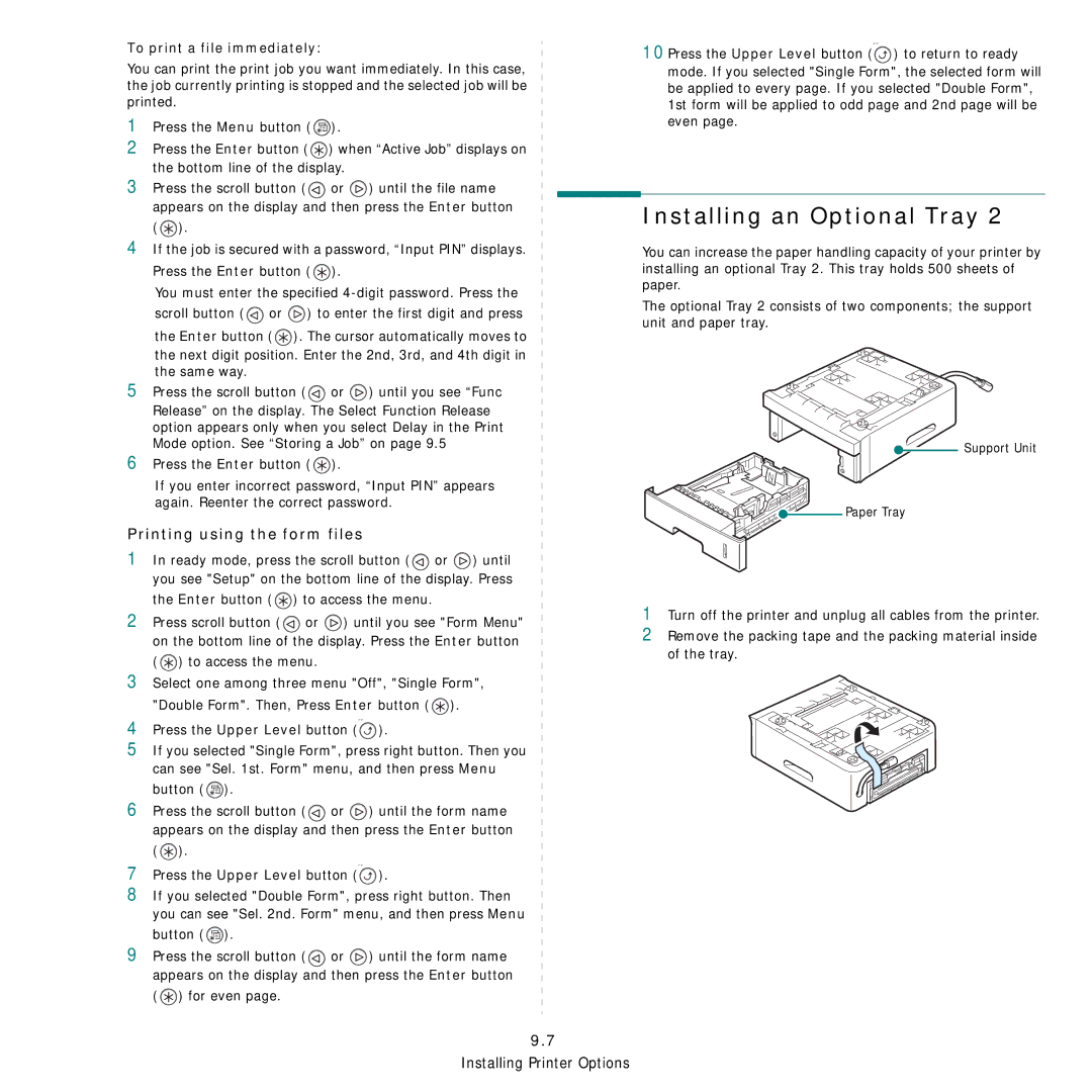 Samsung 3560 manual Installing an Optional Tray, Printing using the form files, To print a file immediately 