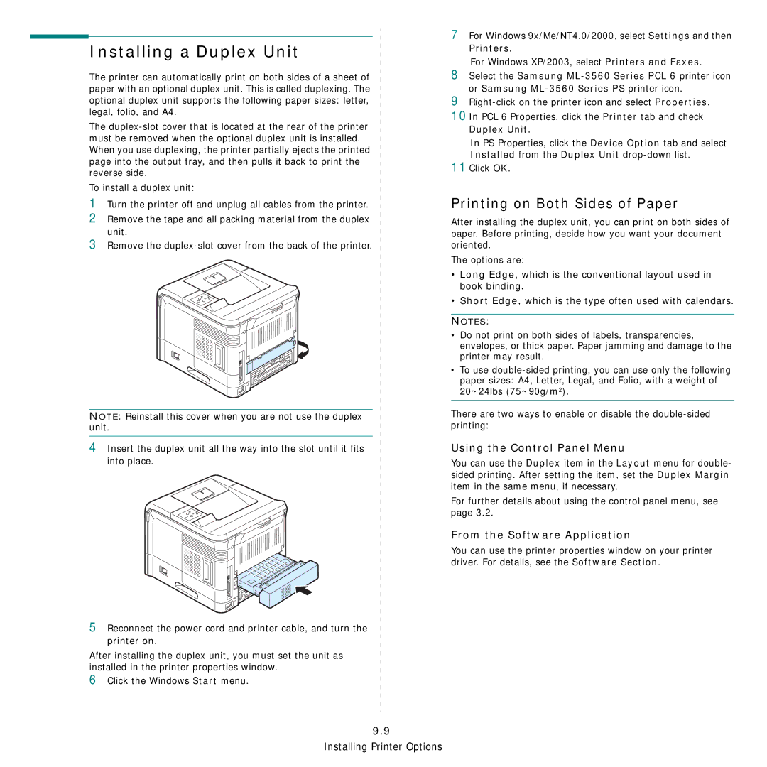 Samsung 3560 manual Installing a Duplex Unit, Printing on Both Sides of Paper, Using the Control Panel Menu, 11Click OK 