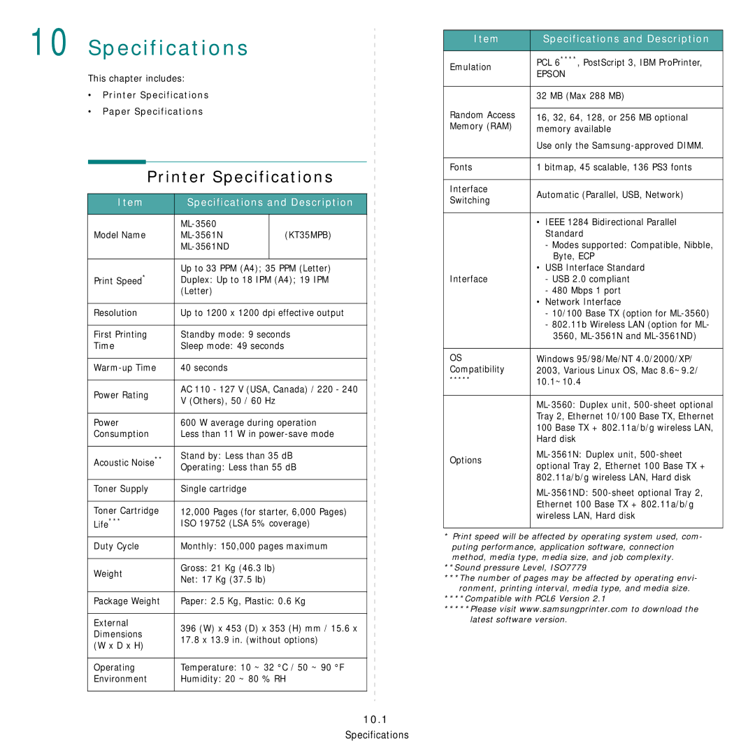 Samsung 3560 manual Specifications and Description, 10.1, Printer Specifications Paper Specifications 