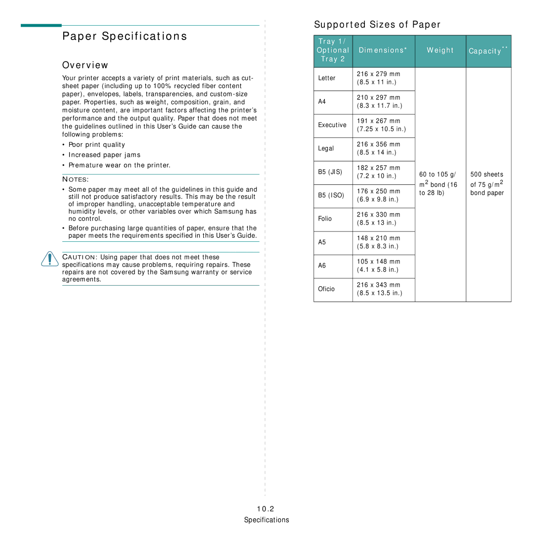 Samsung 3560 Paper Specifications, Overview, Supported Sizes of Paper, Tray Capacity Optional Dimensions Weight, 10.2 