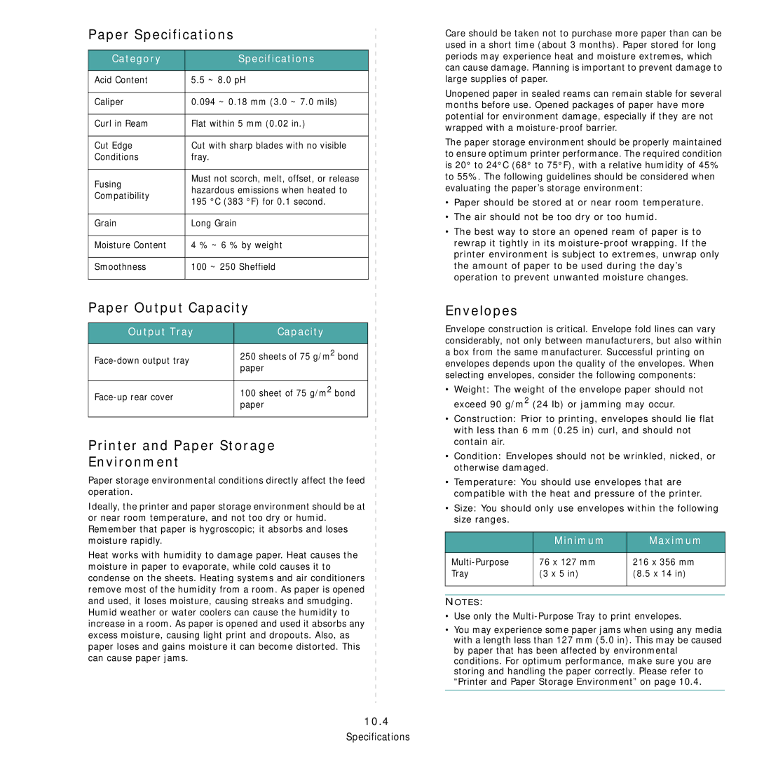 Samsung 3560 manual Paper Specifications, Paper Output Capacity, Printer and Paper Storage Environment, Envelopes 