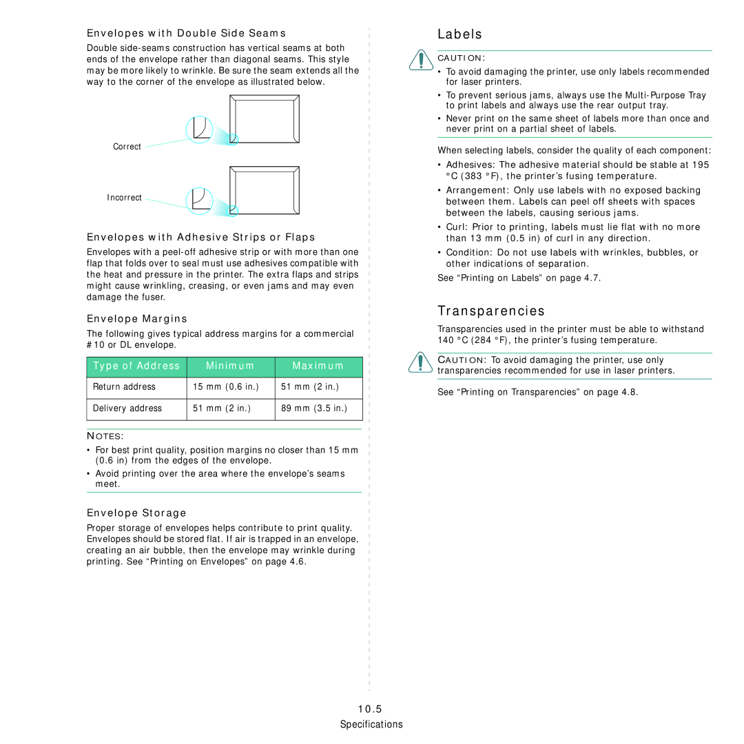 Samsung 3560 manual Labels, Transparencies, Type of Address Minimum Maximum 