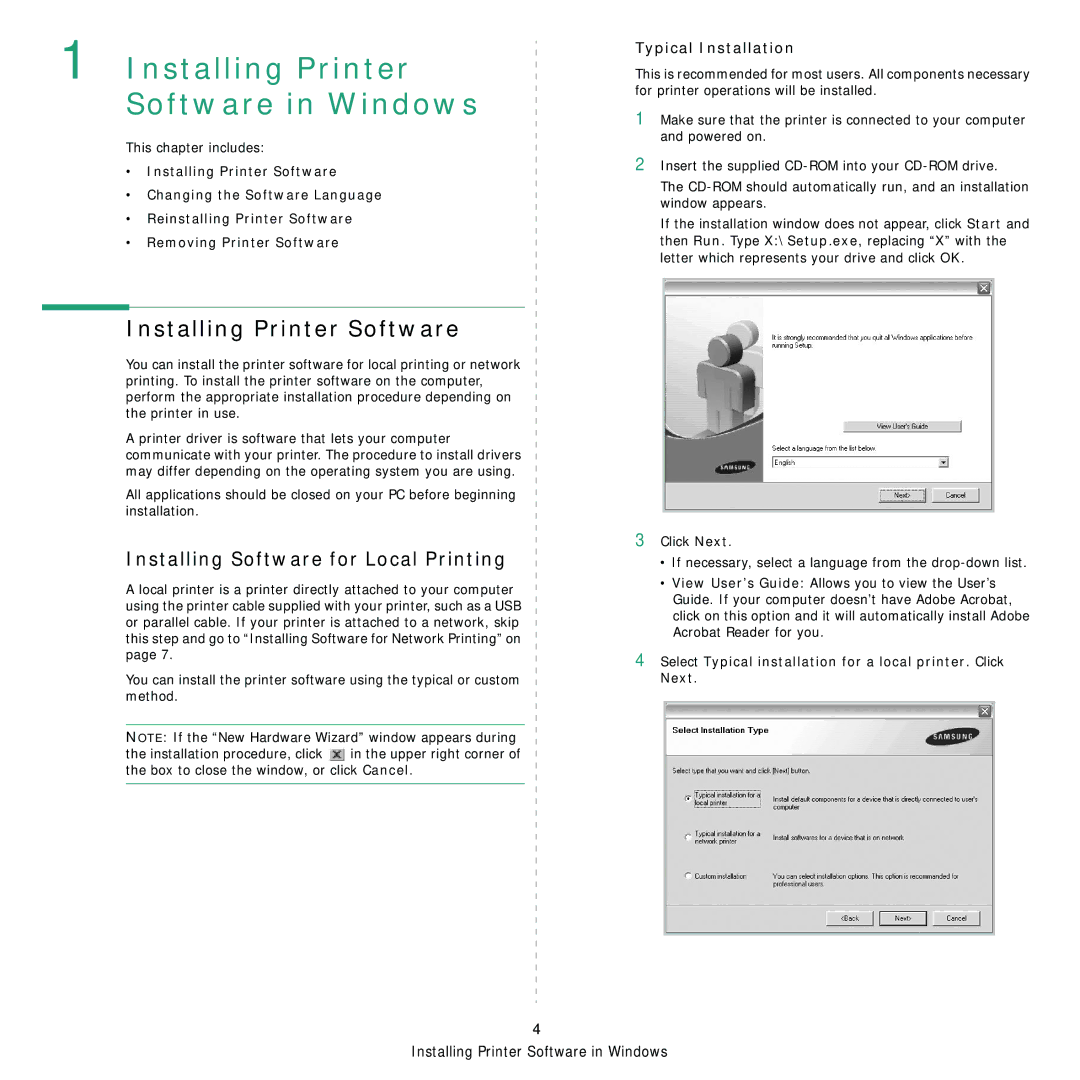 Samsung 3560 manual Installing Printer Software in Windows, Installing Software for Local Printing, Typical Installation 