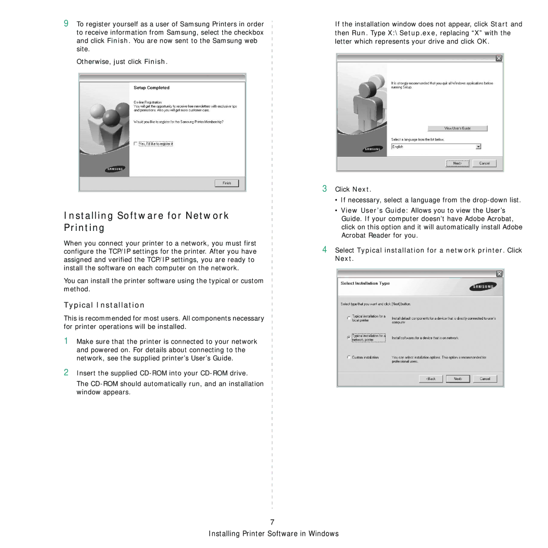 Samsung 3560 manual Installing Software for Network Printing, Typical Installation 