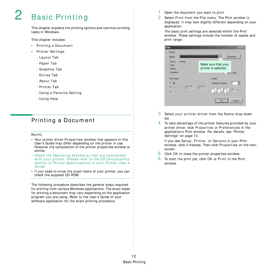 Samsung 3560 manual Basic Printing, Select your printer driver from the Name drop-down list 