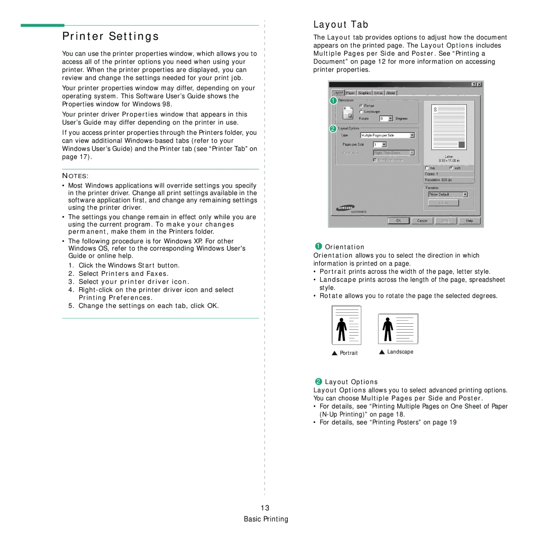 Samsung 3560 manual Printer Settings, Layout Tab, Select Printers and Faxes Select your printer driver icon, Orientation 